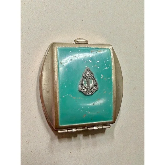 Antique Art Deco Compact Powder Rouge Green Teal Case Mirror Rhinestone Accent - Picture 8 of 8